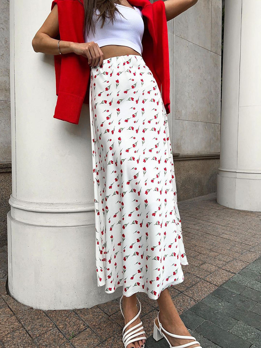 Cross-Border Floral Skirt European and American 2025 Spring Elegant High-Waisted A-Line Fishtail Cherry Print Skirt