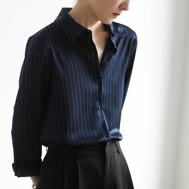 Picture of Chic black shirt women's new early autumn top design sense niche drape French vertical striped shirt Women's