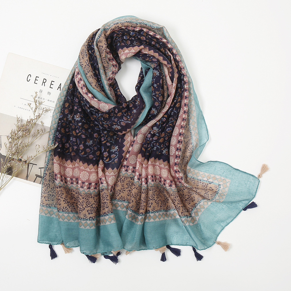 Picture of New Artistic Fresh Cotton and Linen Retro Tassel Scarf Women's Printed Beautiful Silk Scarf Japanese Sunscreen Shawl