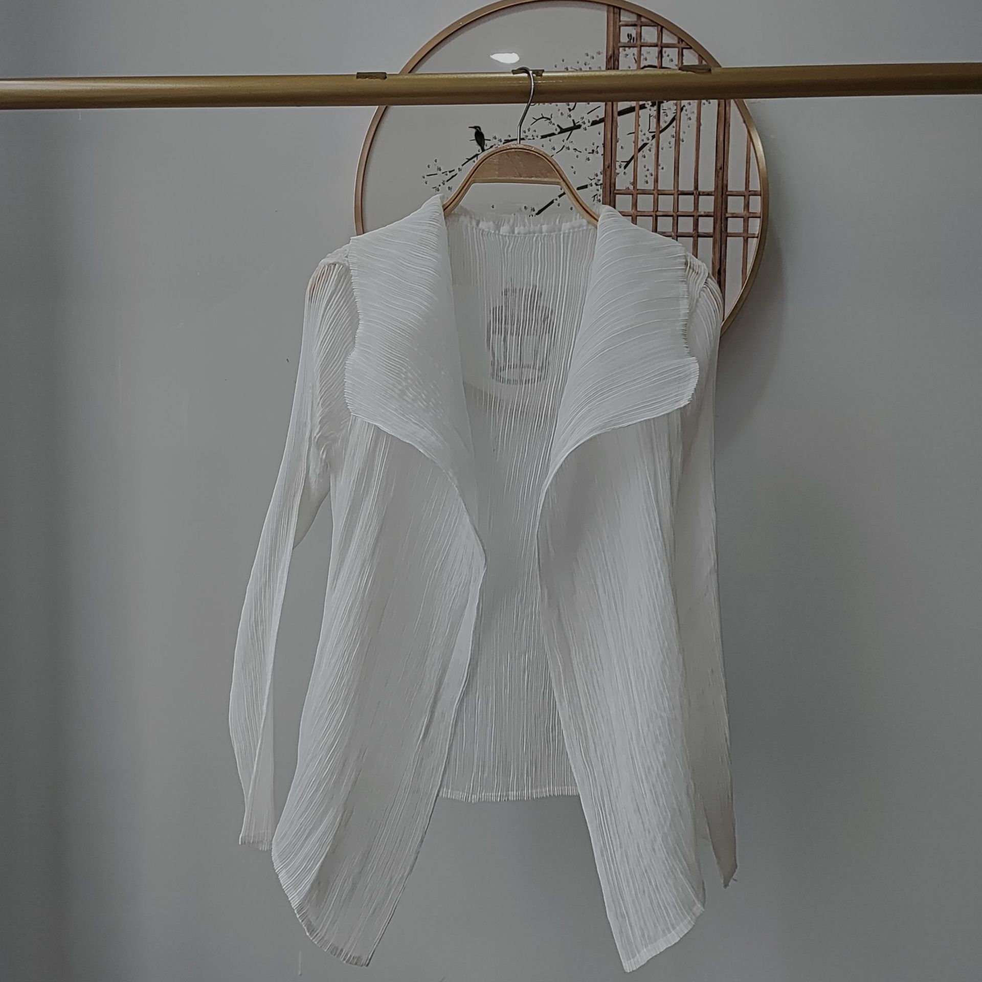 Picture of Counter Quality 2024 Miyake High-end Pleated Mesh Shirt Ultra-thin Elegant Solid Color Sun Protection Shade Women's Pleats