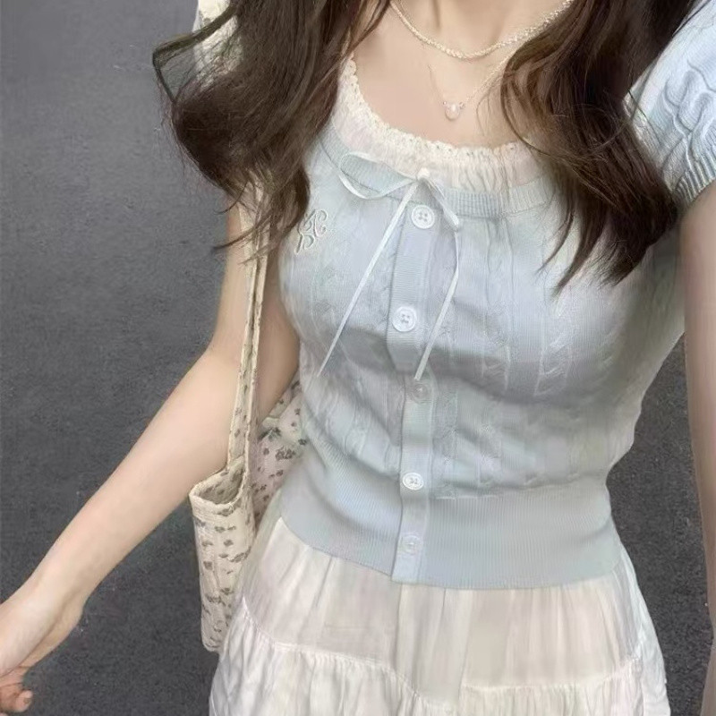 2025 New Lace Knitted Sweater Short-Sleeved Bow Niche Short White Summer Style