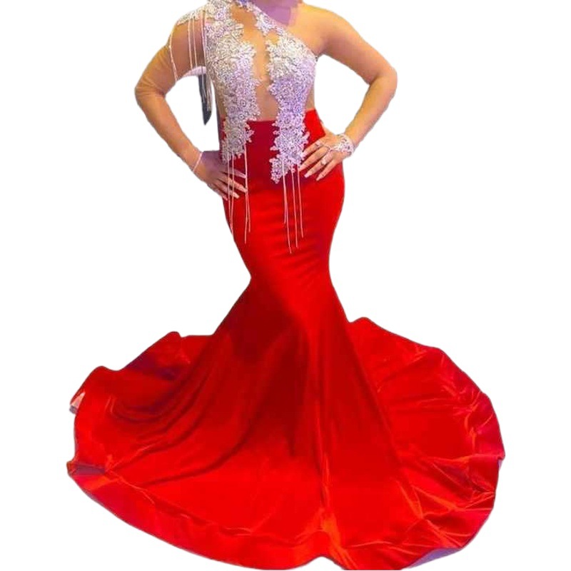 European and American slim-fit sheath fishtail evening dress sexy lace long sleeve asymmetric dress bridesmaid banquet toast dress