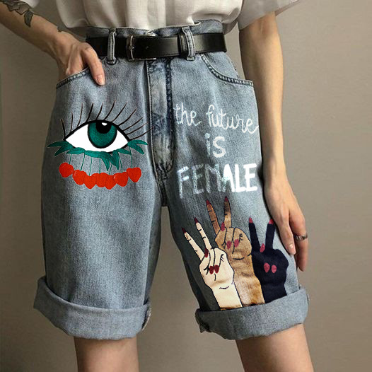 Casual and Fashionable European and American Graffiti Printed Skull Bone Denim Pants Single Buckle Cross-Border E-Commerce 2092