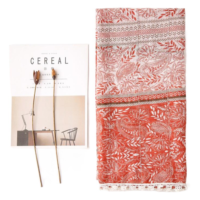 Foreign trade single export Korean tail single spring and summer women's cotton and linen scarf sequined cashew flower lace ethnic style artistic Mori girl