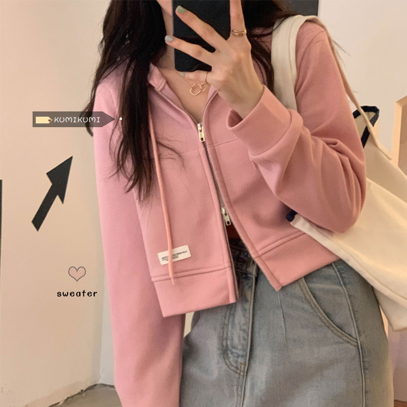 Picture of Thin Cotton Sweatshirt Women's Short Design Spring and Summer Short Pink Top Casual Hooded Cardigan Zipper Jacket