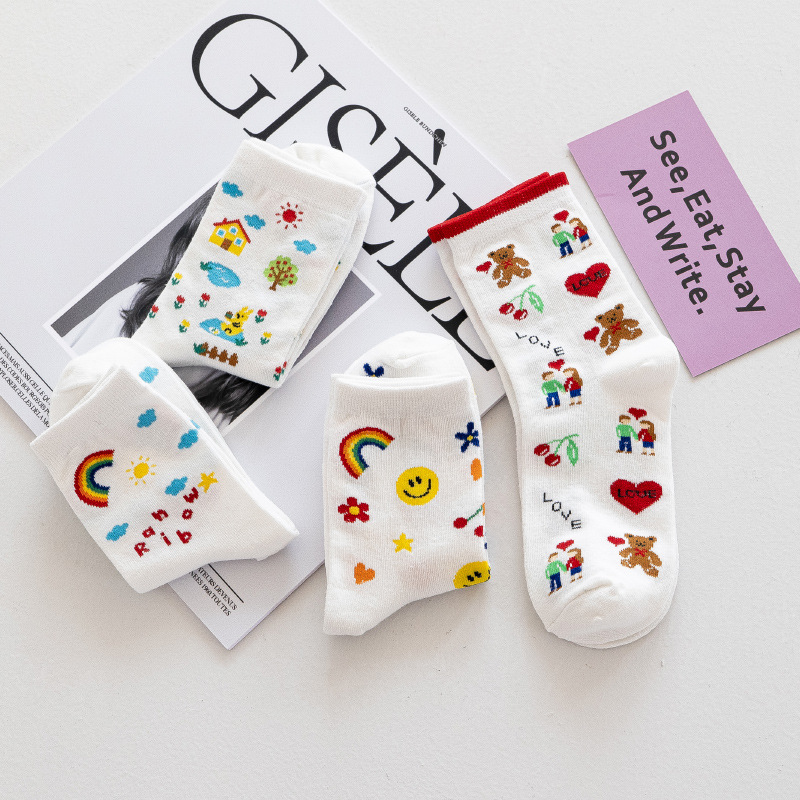 South Korea Imported Socks Women's Ins Trendy Mid-Pit Socks Cute Love Rainbow Bear Socks Japanese Versatile Combed Cotton Socks