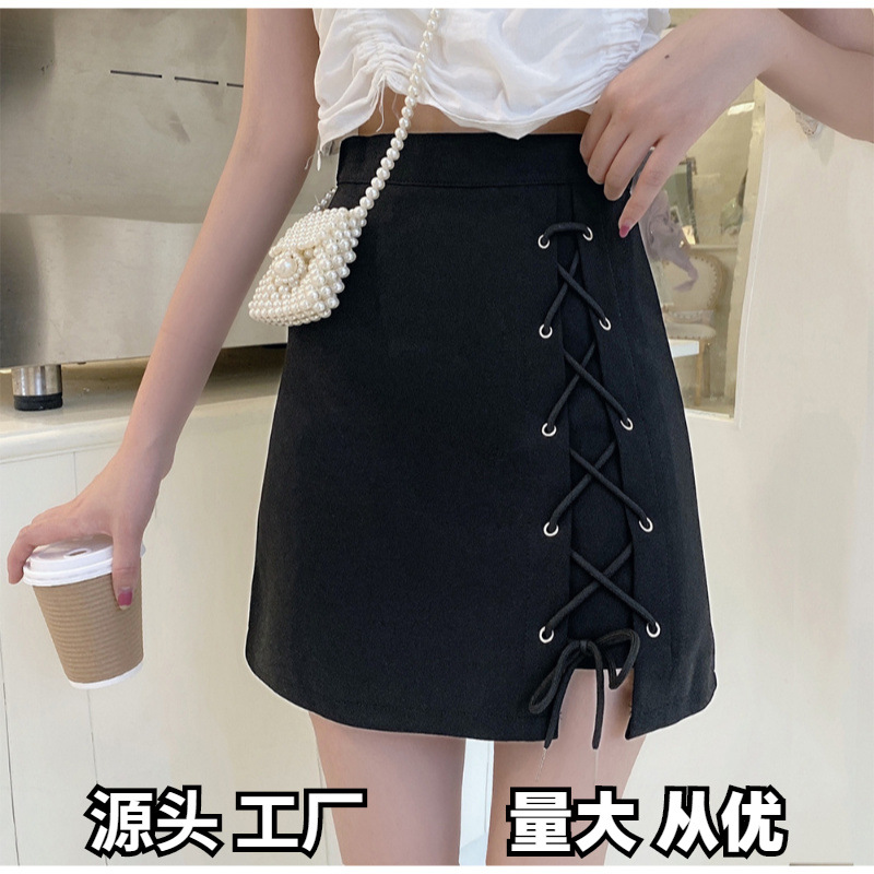 2022 Summer New High Waist Design Sense Strap Skirt Women's Anti-walking Skirt Black A- line Skirt Hip Skirt