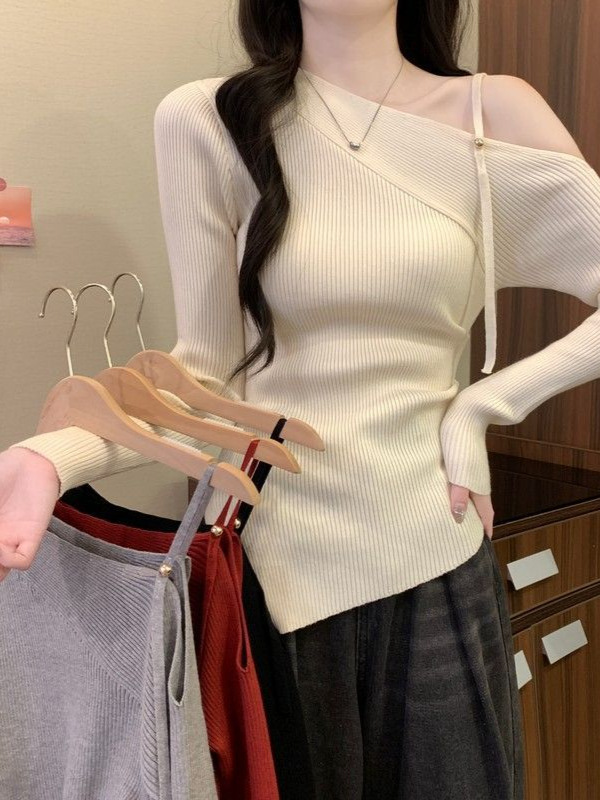 Picture of Bashi red one-line slanted shoulder knitted base jacket women's autumn outfit autumn and winter Angora red boss sweater with top underneath