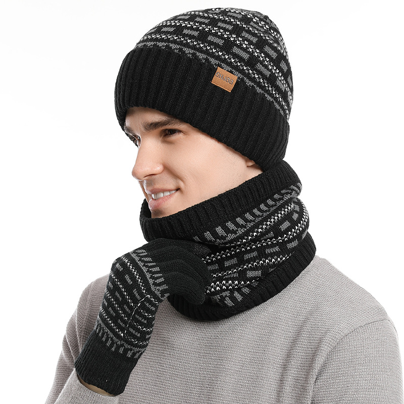 Picture of 2025 European and American Autumn and Winter Men's Warm Woolen Hat Knitted Thickeneded Adult Hat Neck Scarf Gloves Three-Piece Set Manufacturer
