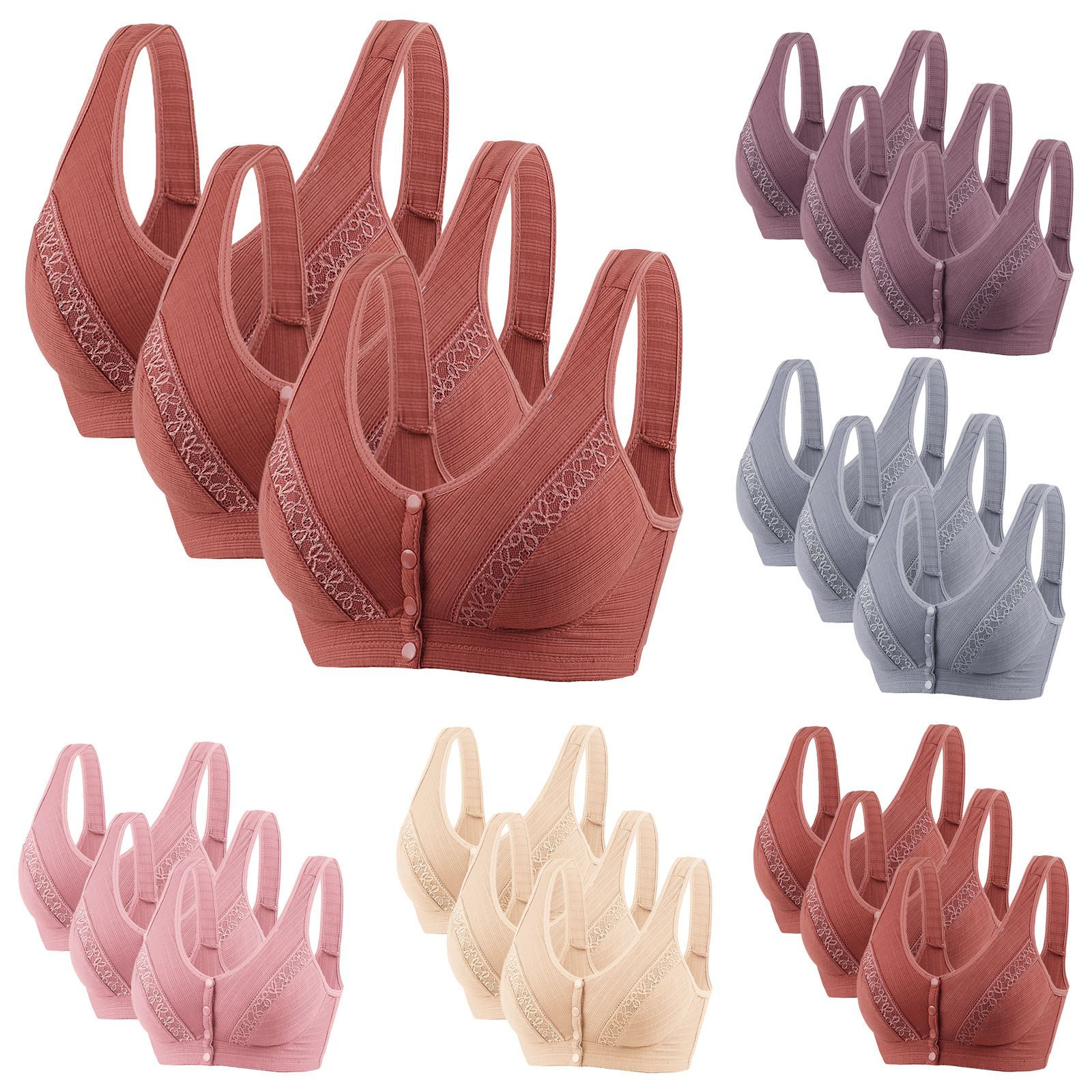 Picture of Cross-border front buckle lace edge plus size sexy mom bra middle-aged and elderly wireless breathable thin cotton bra bra for women