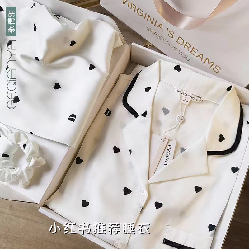 Foreign trade Japanese and Korean fashion spring and autumn silk long-sleeved trousers ice soft silk simple casual outerwear pajamas home wear for women