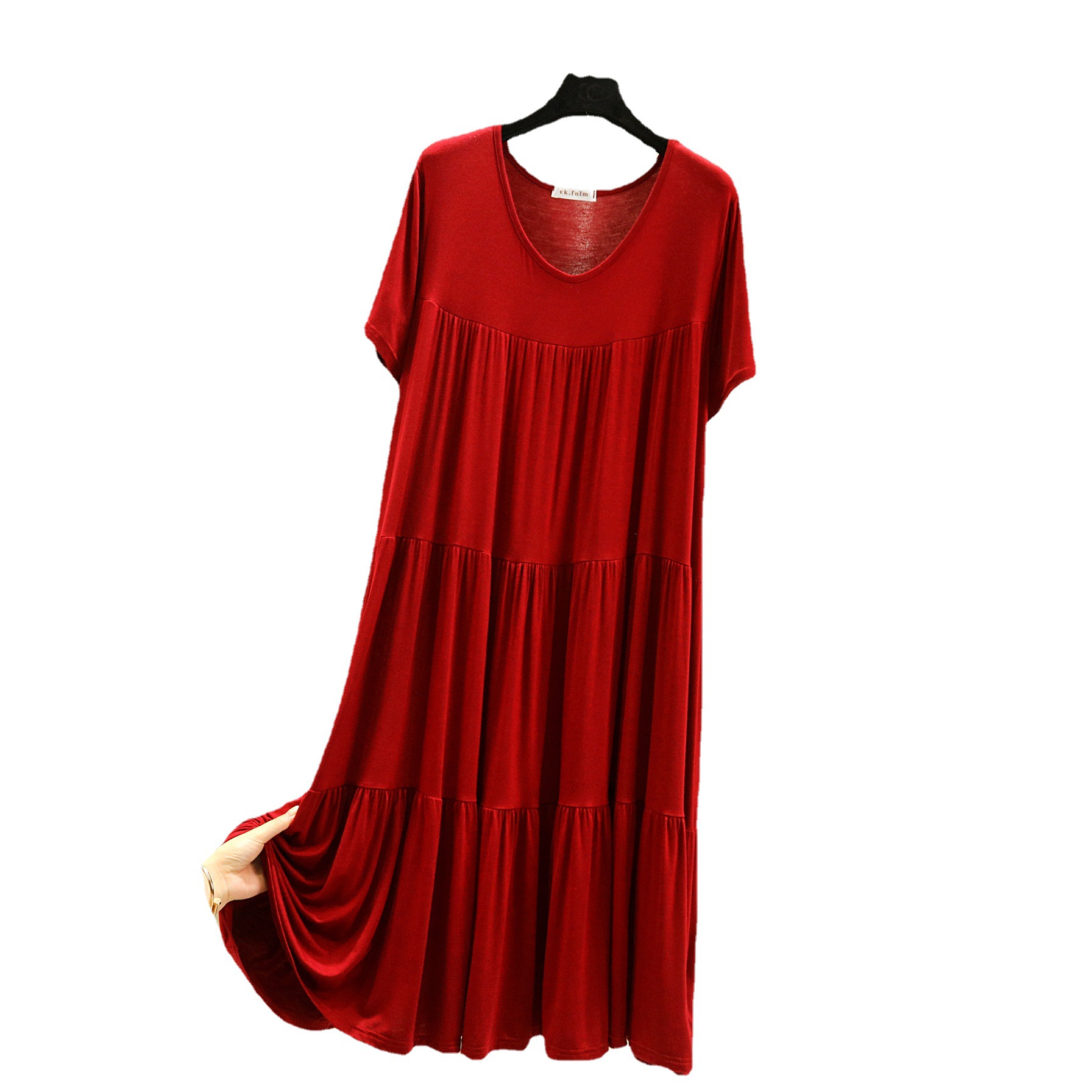 Picture of Bit Cotton Three-Layer Cake Skirt Short-Sleeved Stitching Large Size Loose Dress Summer Slimming Pregnant Women's Skirt for Chubby Girls