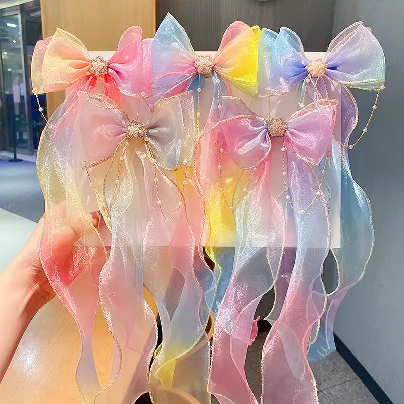 Children's hair band Girls' rainbow bow braided hair clip headdress ponytail ribbon hair clip spring and summer girls' hair accessories