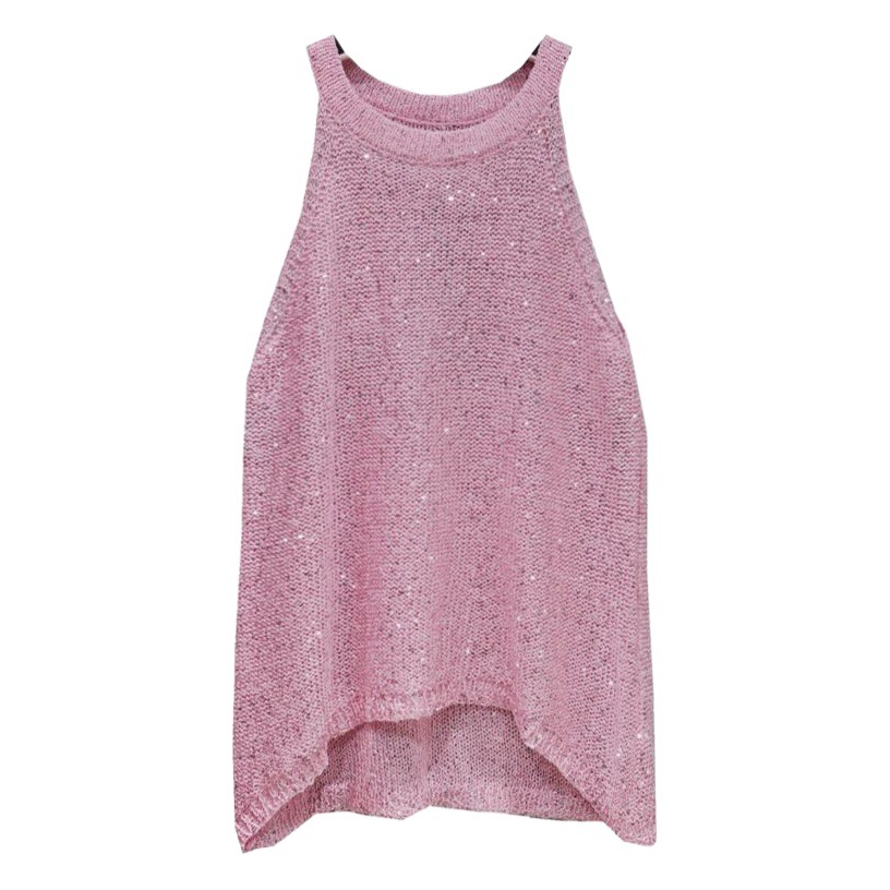 All-Match Summer New Sexy Shoulder Hanging Halter Sequin Strap Ware Shoulder Flash Knitted Hollow Vest Top for Women