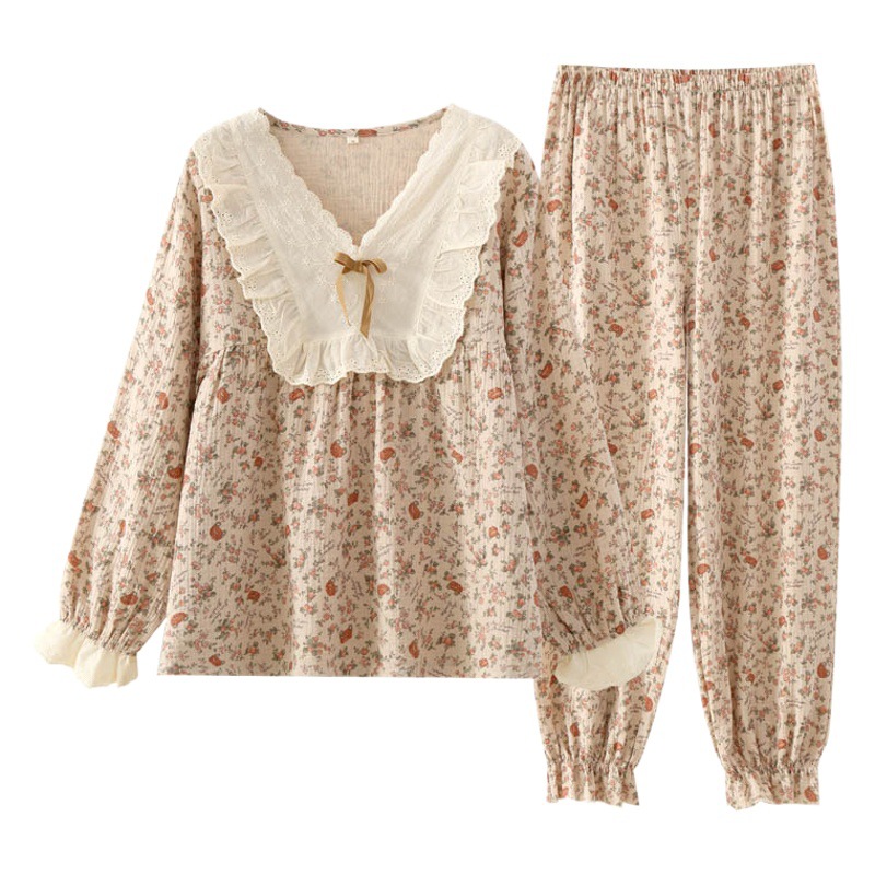 Crepe Retro Lace V Neck Pure Cotton Double-Layer Yarn Spring & Fall Women's Long-Sleeved Pants Home Wear Pajama Pants Set Pajamas