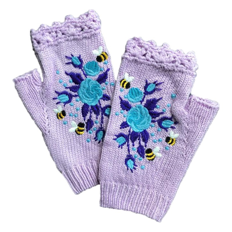 ins Hot Selling Autumn and Winter Women's Warm Wool Half-Finger Gloves Bee Small Flower Embroidered Knitted Gloves