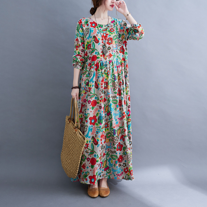 Picture of Foreign trade elegant large swing skirt dress spring and autumn loose plus size women's clothing fat sister ethnic style printed over-the-knee dress