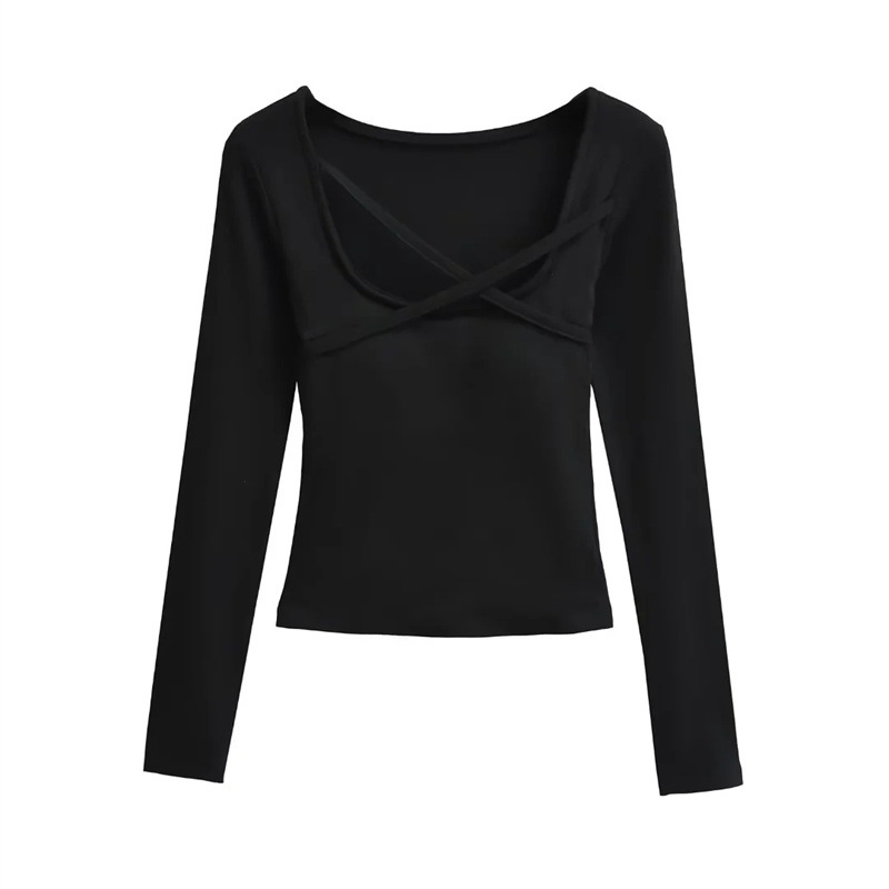 Picture of Ins Spice Girl Square Collar Cross Rope with Chest Pad Long-sleeved T-shirt Autumn New Light Mature Pure Slim-fit Short Base Shirt