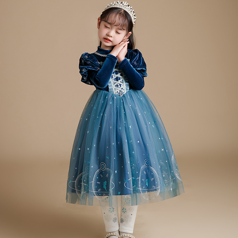 Picture of Blue Velvet Elsa Dress for Girls with Mesh Skirt and Star Details, Sweet Princess Style, Elegant Haute Couture Dress