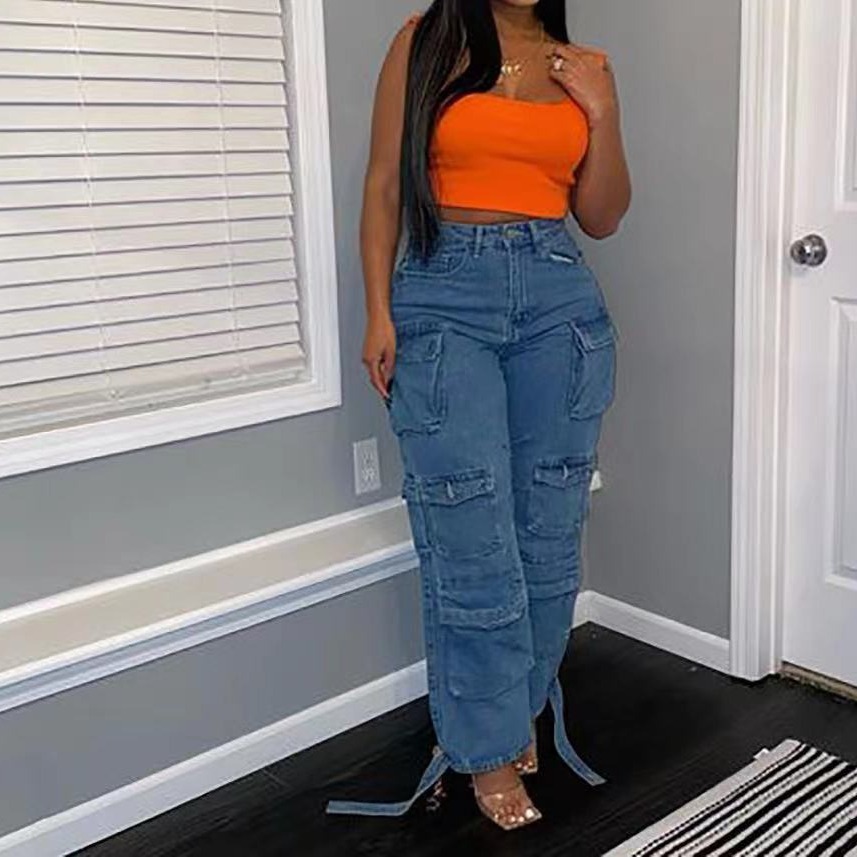 European and American cross-border jeans Amazon fashion explosion trend multi-pocket plus size African jeans overalls