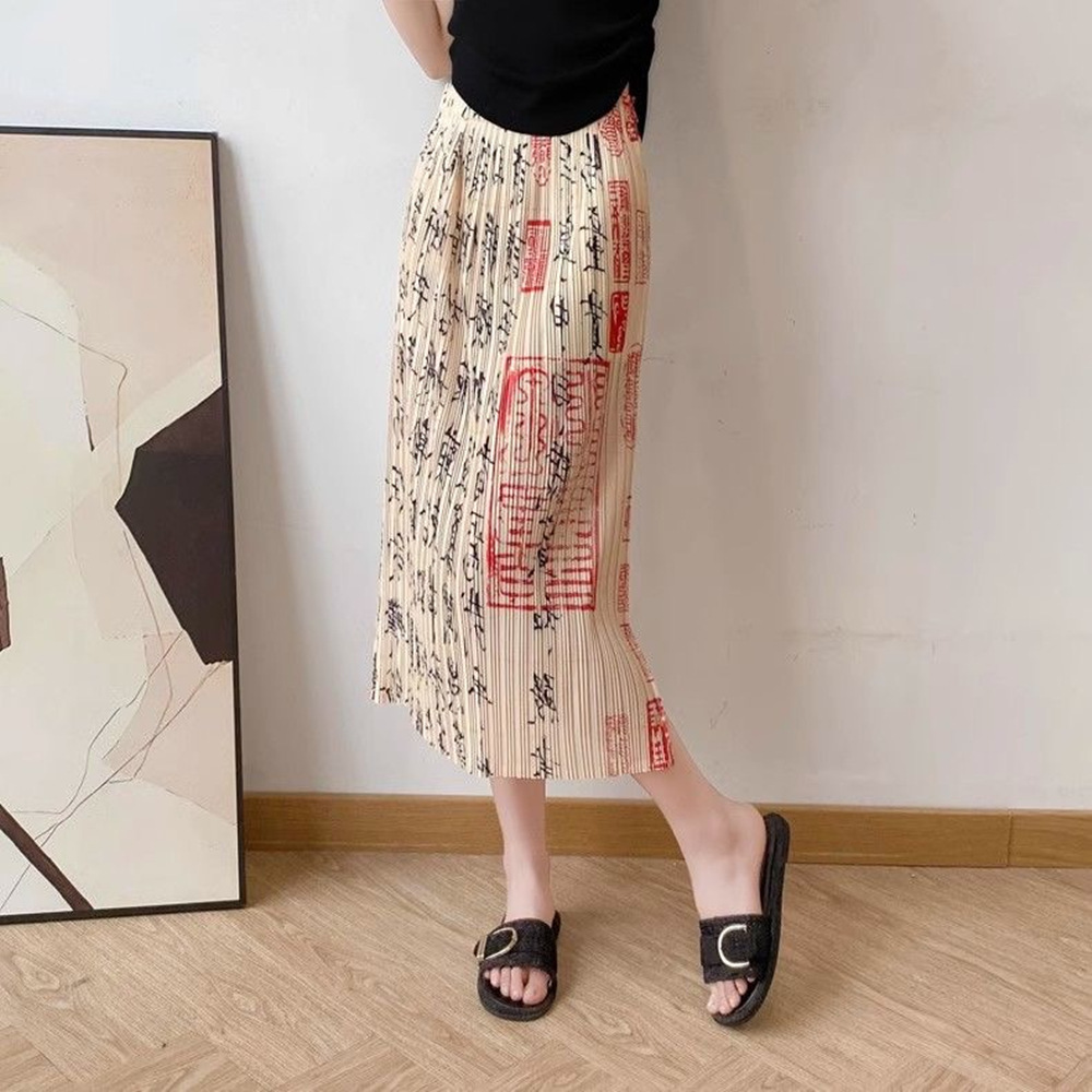 Picture of Niche design pleated skirt spring and summer thin elastic waist printed slimming age-reducing hip slit pleated skirt