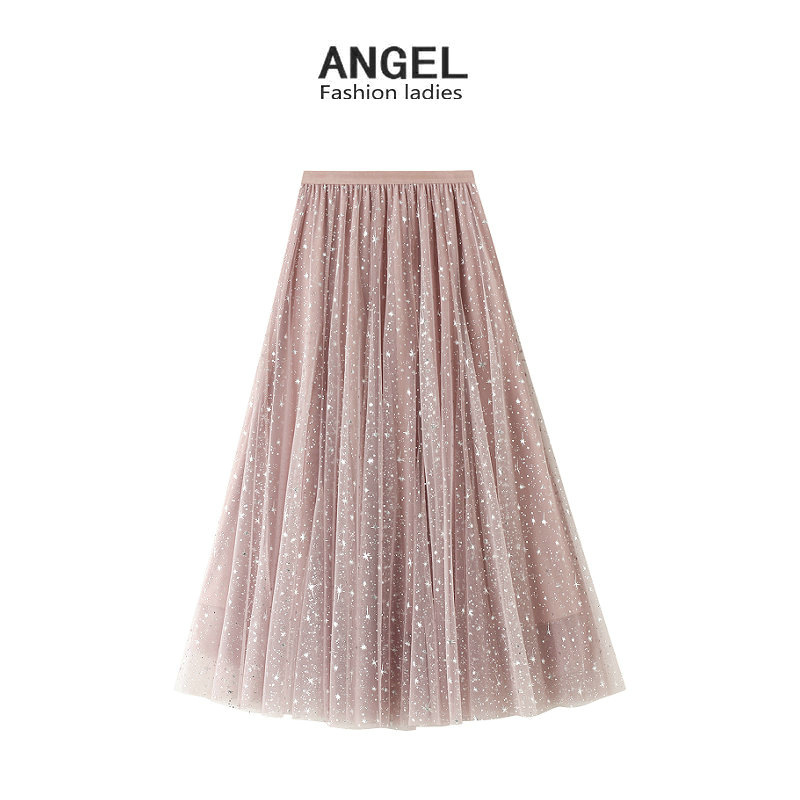 Starry Sky Skirt Women's A- Shaped Midi Skirt Sequin Star Mesh Skirt