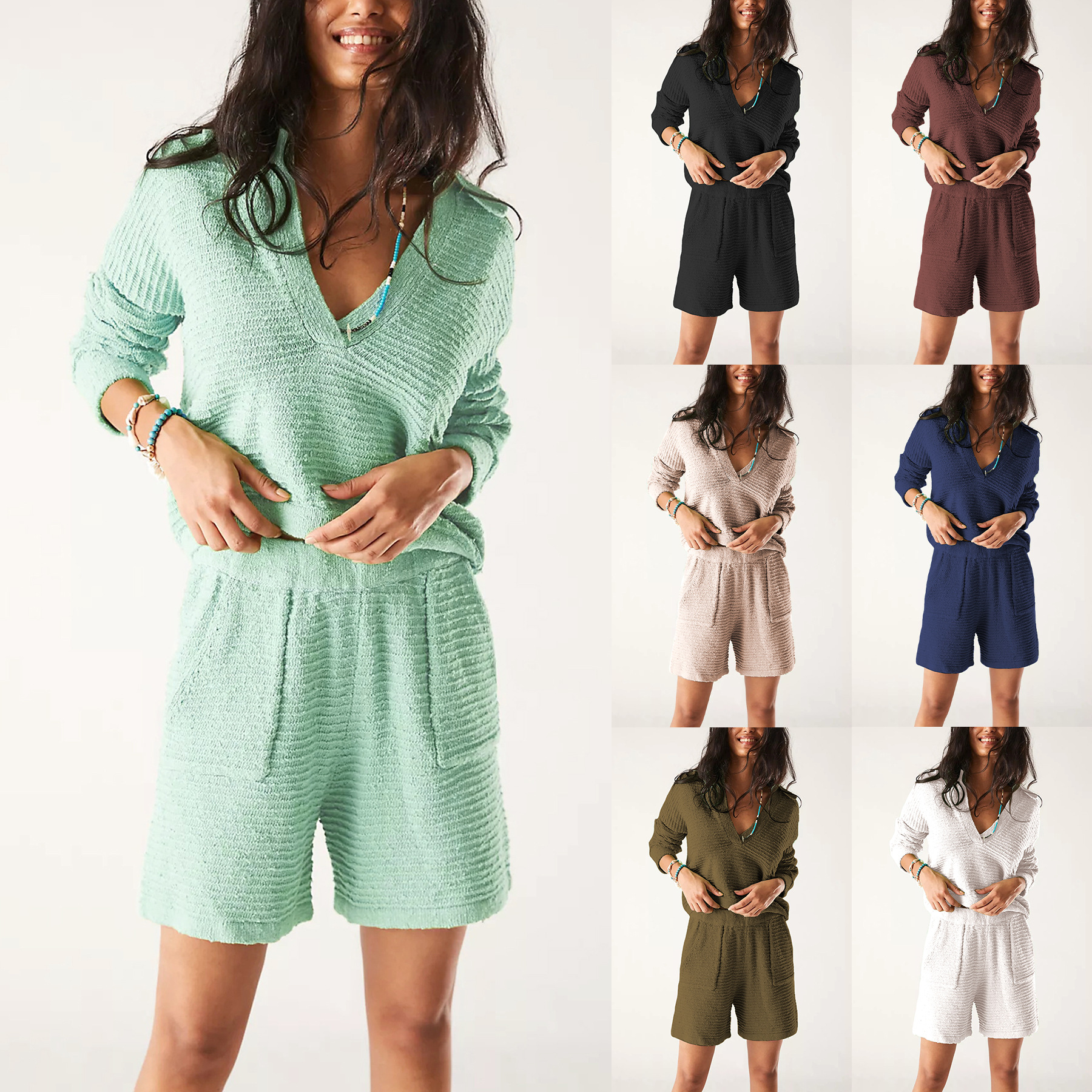 Spring and summer new 2025 Amazon best selling European and American women's loose long sleeve shorts knitted suit cross-border women's clothing
