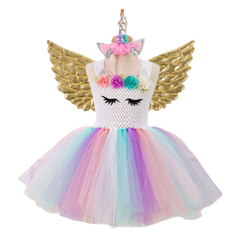 European and American mesh girls dress give wings flower mesh dress birthday party dress Princess dress
