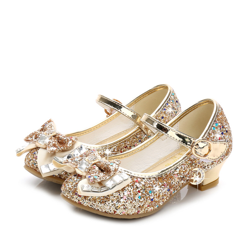 Picture of 2025 Autumn New Girls' Small High Heel Leather Shoes Sequin Upper Bow Decoration Children's Dance Shoes