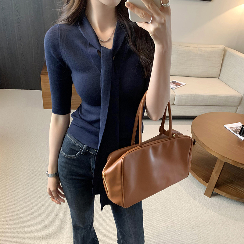 Foreign Trade Single Korean V-neck Short-sleeved Sweater Women's 2024 New Style Elegant Autumn Harvest Waist Slimming Short Lace-up Top