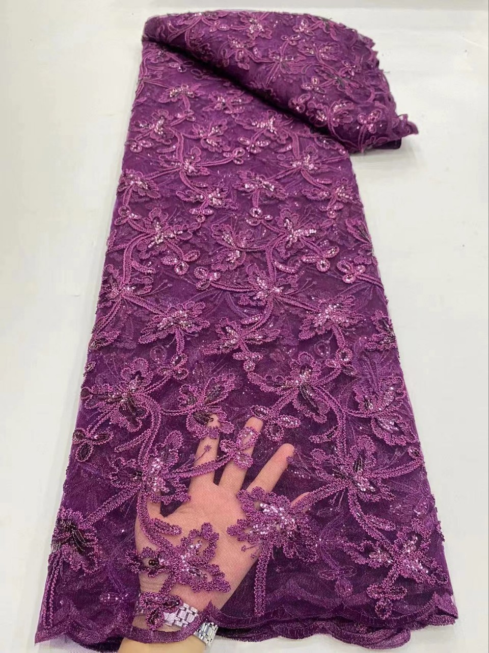 Picture of Summer Hanfu Plant Flower Dress Embroidered Cloth Double Rope Sequin Lace Fabric African Garment Lace JX2296