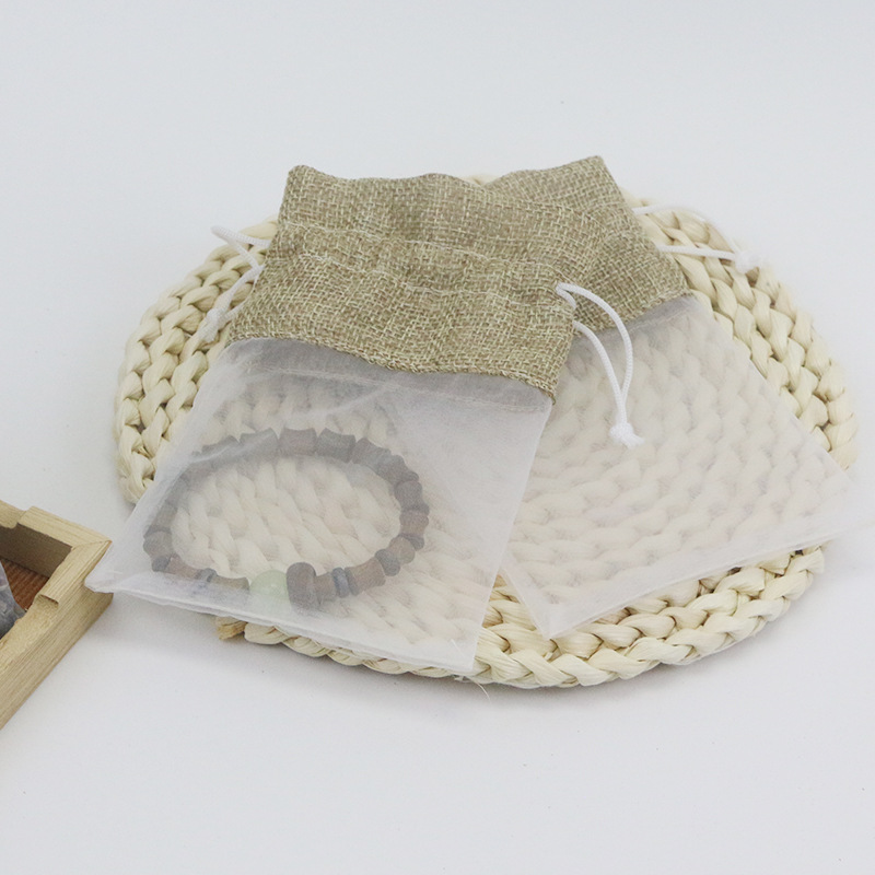 Dried flower storage bag linen stitching organza bag beads text play hand string packaging bag transparent visual cloth bag