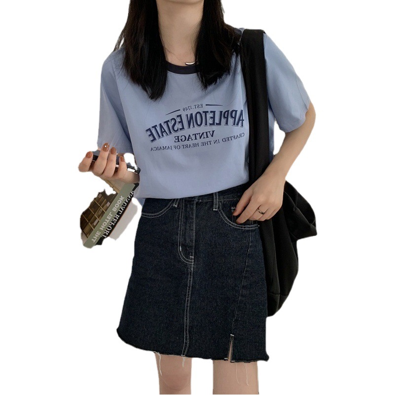 American Color Contrast Round Neck Short-sleeved T-shirt Women's Casual Color Contrast Summer Letter Printed Loose Short Vintage Top ins