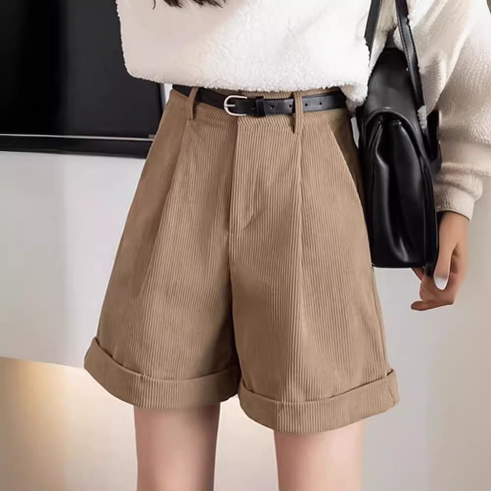 Corduroy Curl Straight Shorts Women's Autumn and Winter 2023 New Loose Slimming Wide Leg Pants Casual Pants Ins
