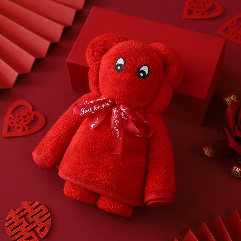 Picture of Coral Fleece Wedding Red Towel Wedding Wedding Wedding Gift Towel Happy Character Pearl Bear Couple Red Towel