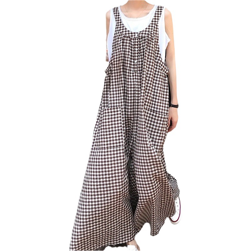 in stock Summer Korean Style New Arrival Loose BF Style Design Sense Plaid Single-breasted Large Pocket Wide-leg Overalls for Women
