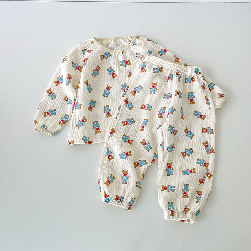 Picture of 2024 Children's Air-Conditioned Home Clothes Double-Layer Cotton Yarn Pajamas for Boys and Girls Pure Cotton Spring and Summer Thin Nefty Long-Sleeved suit