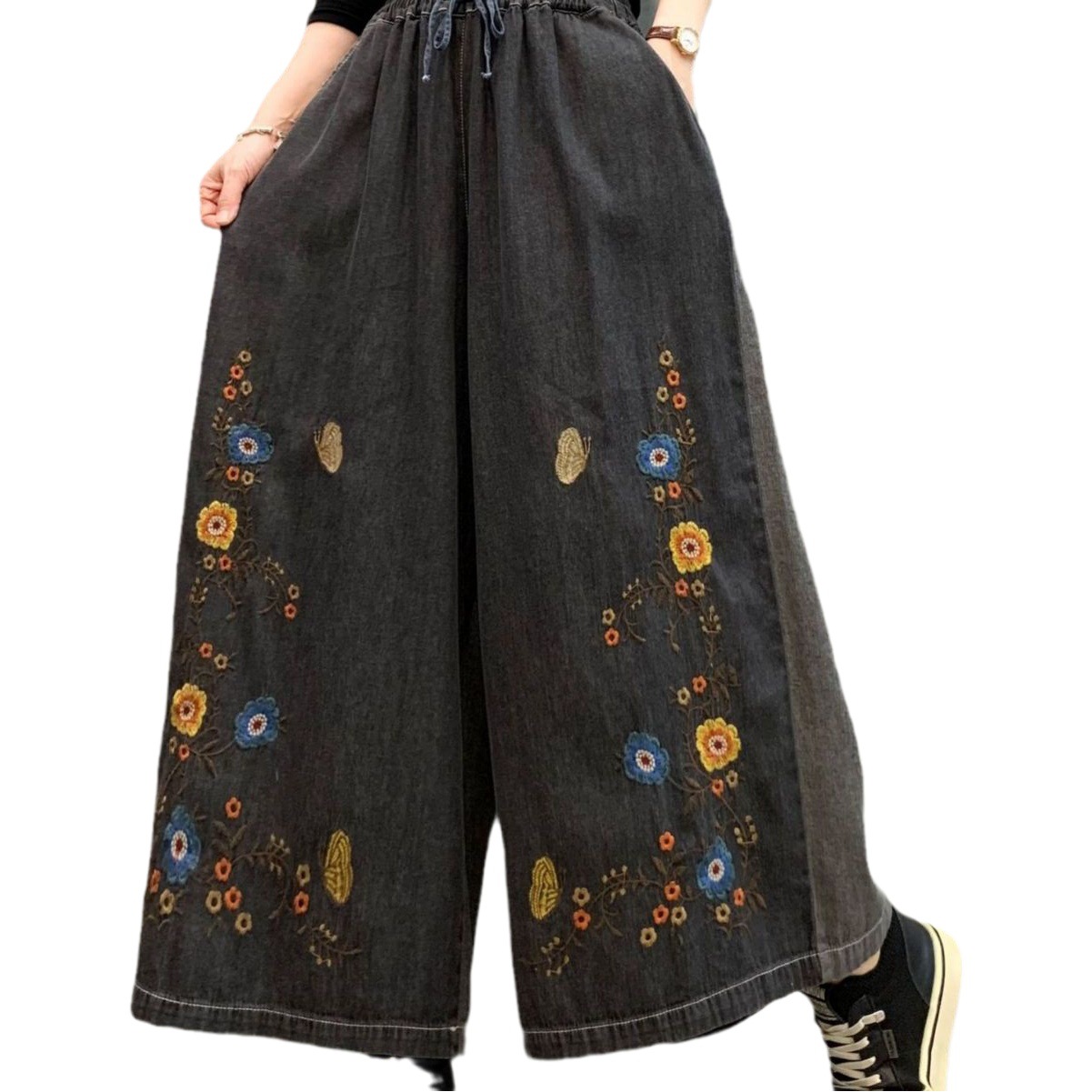 Fall 2023 new artistic retro retro style embroidered crocheted wide-leg straight long-leg jeans for women Wholesale