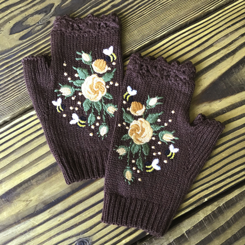 Picture of ins Hot Selling Autumn and Winter Women's Warm Wool Half-Finger Gloves Bee Small Flower Embroidered Knitted Gloves