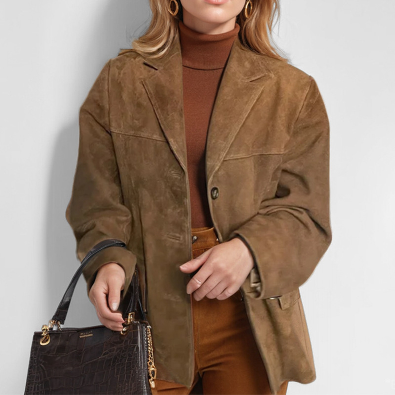 Cross-Border Foreign Trade 2025 New European and American Style Women's Retro Brown Loose Pocket Long-Sleeve Blazer Jacket for Women