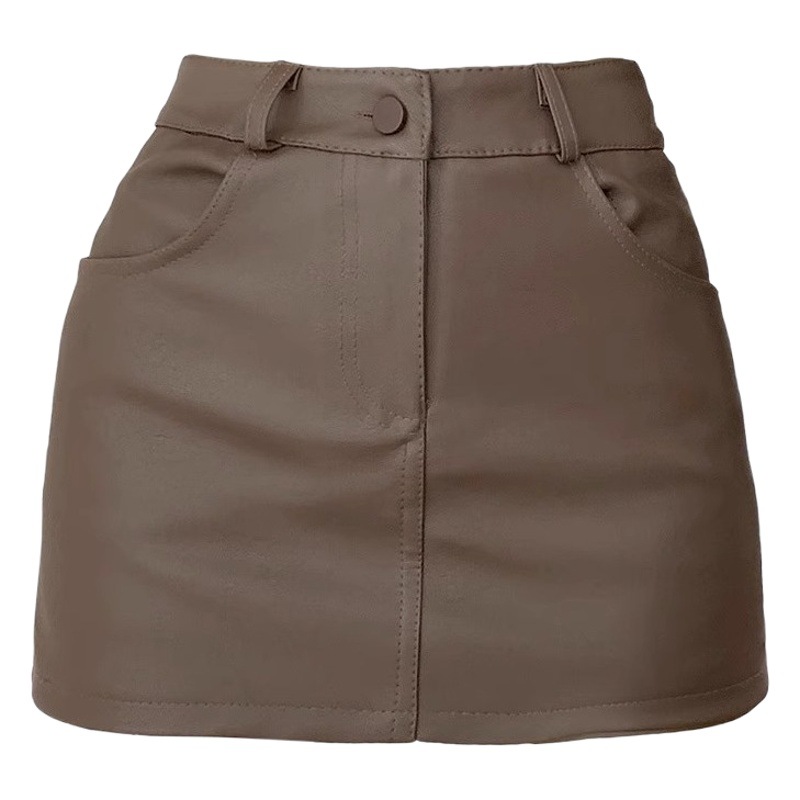 brown pu leather skirt hip skirt women's 2023 autumn and winter new high waist A figure slim hot girl miniskirt