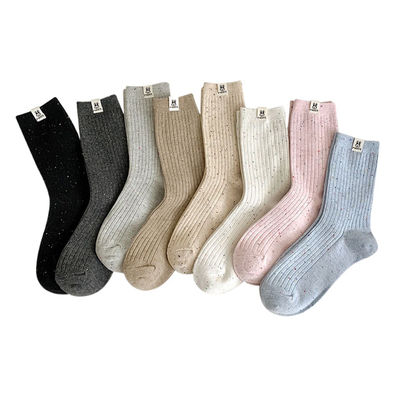 Autumn and Winter New Korean Socks for Women with Fabric Label, Cute Bunny Mid-Calf Slouch Socks, Wholesale Individually Packaged Cotton