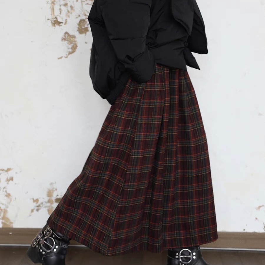 Retro plaid woolen mid-length A- line umbrella skirt women's autumn and winter large skirt all-matching