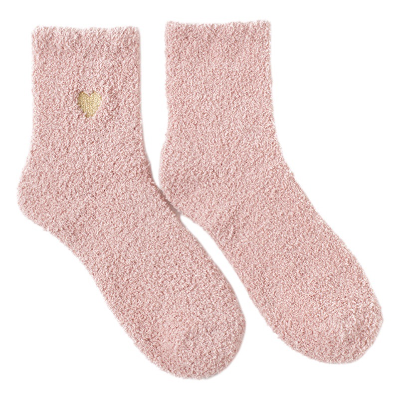 Embroidered gold silk lovely coral fleece mid-calf length socks for women autumn and winter warm home floor socks half velvet sleep socks wholesale