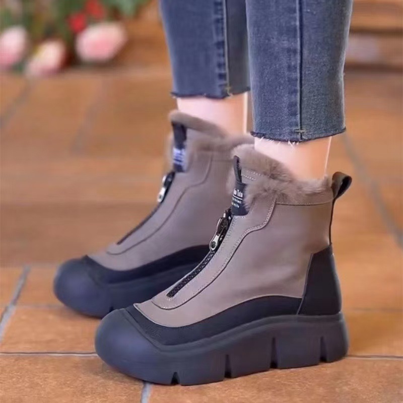 2024 Autumn and Winter New Cotton Short Boots Women's Thick Bottom Front Zipper fleece-lined Martin Boots Mao Mao Warm All-match Snow Boots