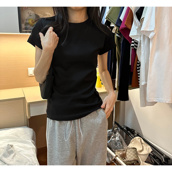 Picture of Right Shoulder Slimming Look Basic Pure Cotton Ribbed Cotton T-Shirt Women's Student Bottoming Shirt with Slim Short-Sleeved Top