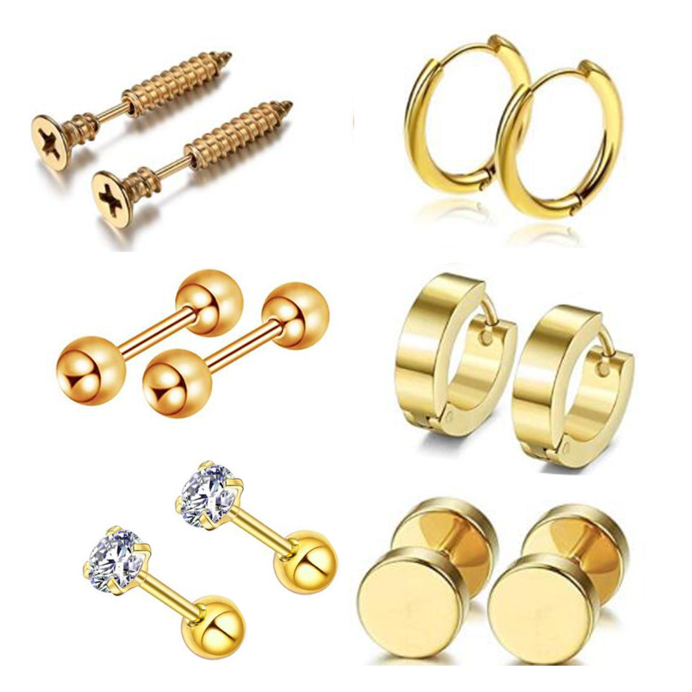 Picture of Amazon Stainless Steel Ear Stud Earrings Set 12 European and American Hip Hop Jewelry Barbell Zircon Ear Buckle Ear Pin