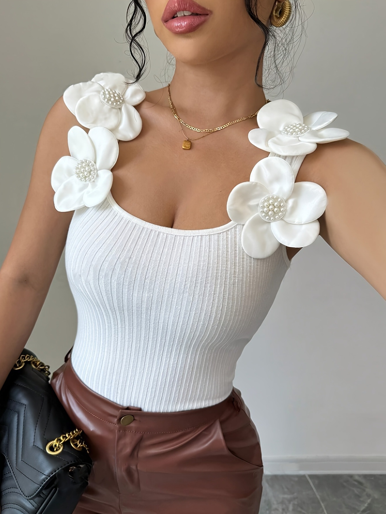 2025 European and American Cross-Border Summer New Style Suspender Three-Dimensional Flower Tight Top Suspender Knitted Vest