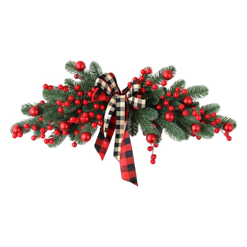 Christmas PE pine needle rattan ring Garland red ball electroplating ball black and white plaid ribbon Christmas decorations window ornaments