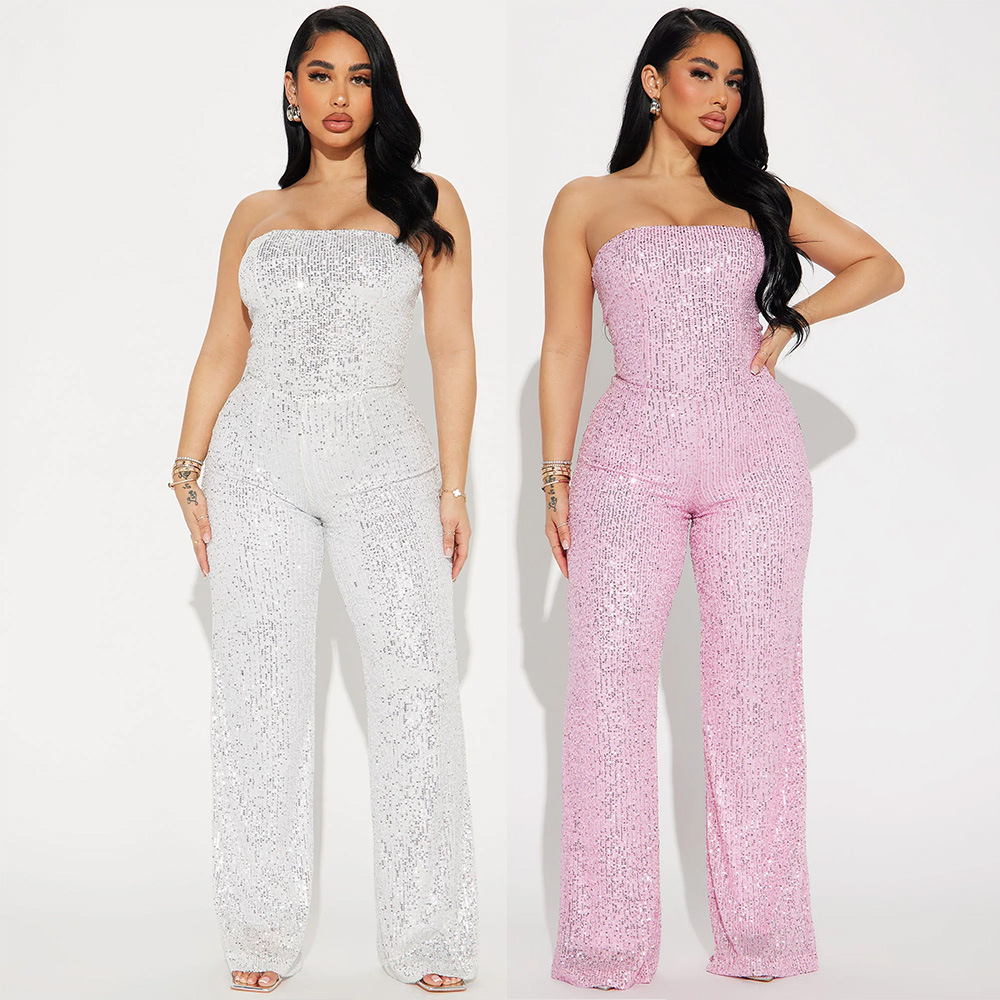 2024 Spring and Summer European and American New Fashion Sexy Strapless Strap Shoulder Sequin Slim-fit Long Women's Pants